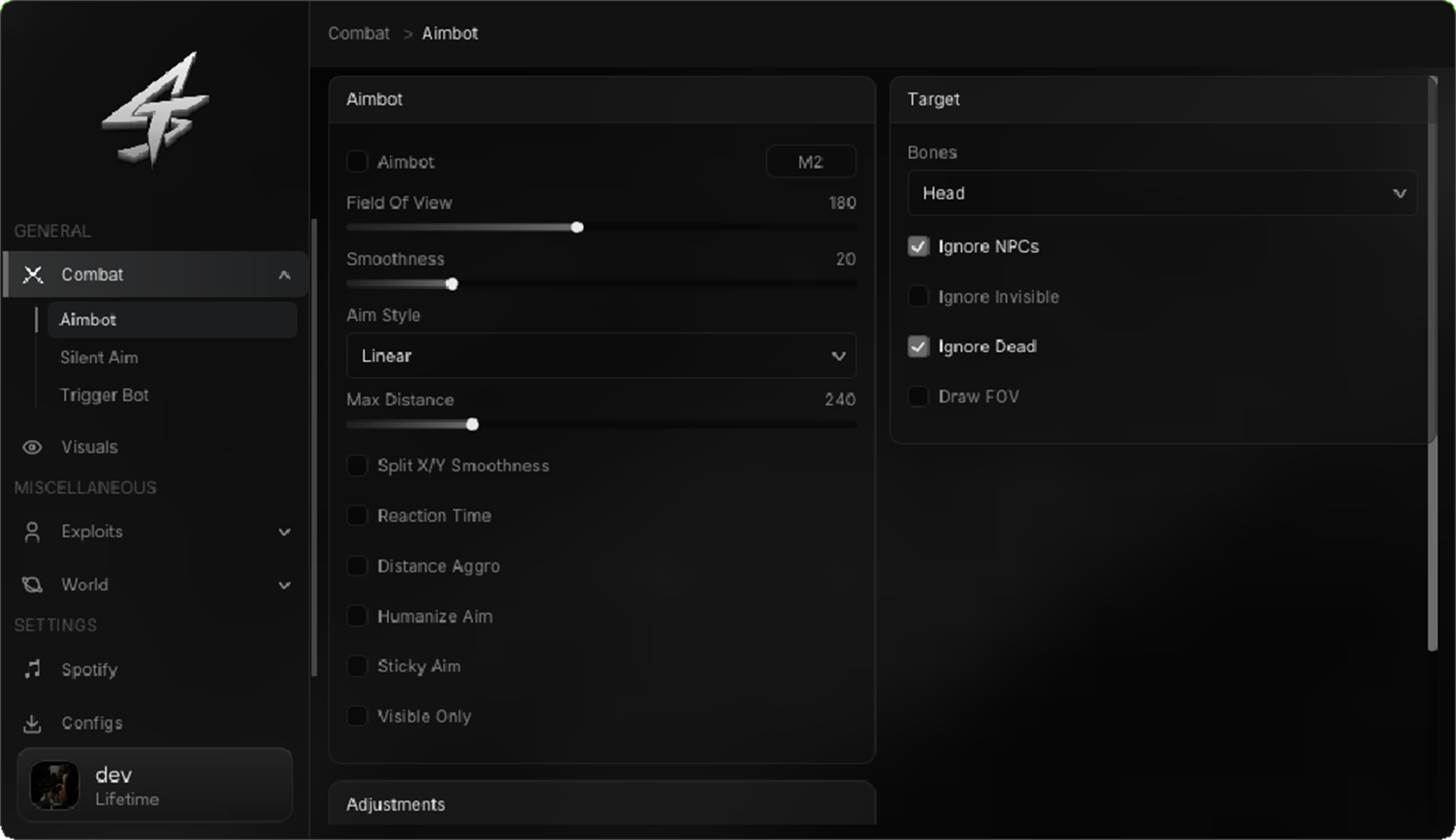 Strade — Aimbot interface